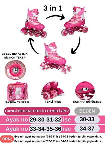 Toyaş Adjustable Children's Roller Skates with Four Wheels and Illuminated Wings, with Carrying Bag