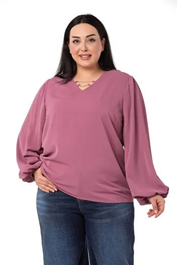 DISENTIS MODEST Plus Size Dried Rose Blouse with Chain Detail on Collar and Elastic Sleeves