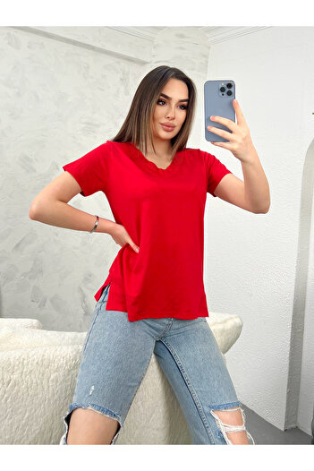 modavingo WOMEN'S RED V-NECK SLIT BLUZ