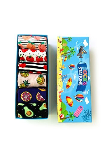 Socks Stations Унисекс кутия с 6 чифта чорапи с многоцветен плодов мотив