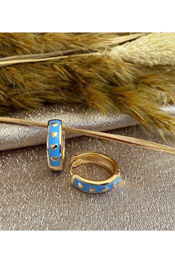Markiz Takı Blue Heart Pattern Hoop Earrings (Inner Diameter 1.5 Cm)