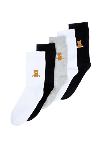 Trendyol Collection Multicolored Unisex 5 Pack Cotton Bear Embroidered Socket-Long Length Socks TMNSS24CO00014