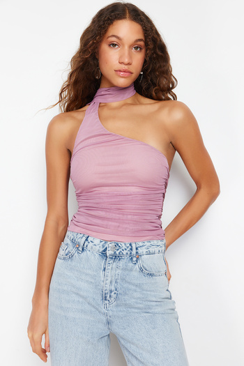 Trendyol Collection Rosa Neckholder-Strickbluse mit gerafftem, gefüttertem Tüll TWOSS24BZ00202