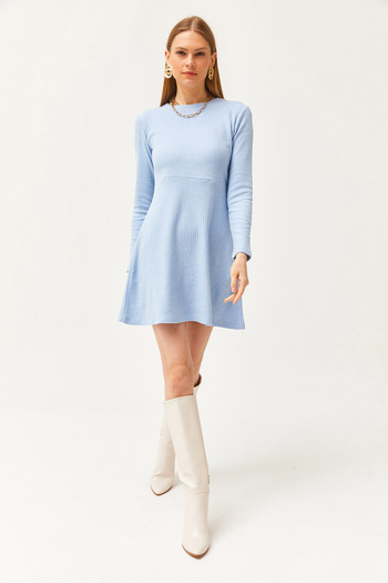Olalook Women's Baby Blue Crew Neck Skirt Flared Ribbed Dress ELB-19002029