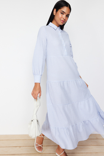 Trendyol Modest Μπλε πουκάμισο γιακά με ριγέ υφαντό φόρεμα TCTSS24EB00055