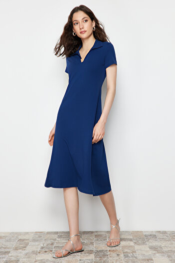 Trendyol Collection Navy Blue Polo Neck Skater/Waist Opened Cotton Stretchy Knitted Midi Dress TWOSS24EL00480