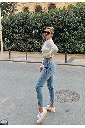 Geppetto Leo 90s - Blugi Mom din denim albastru cu talie înaltă
