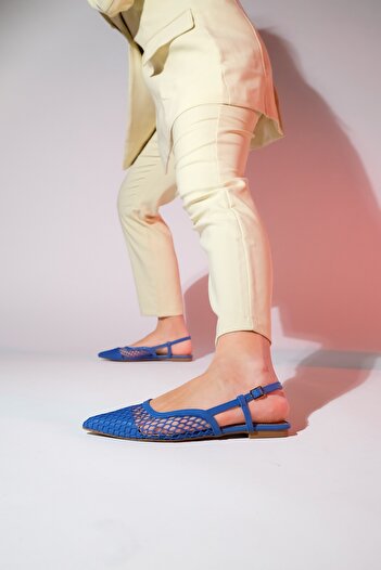 LuviShoes BRACE Kot Mavi Cilt  Fileli Burnu Kapalı Kadın Düz Sandalet