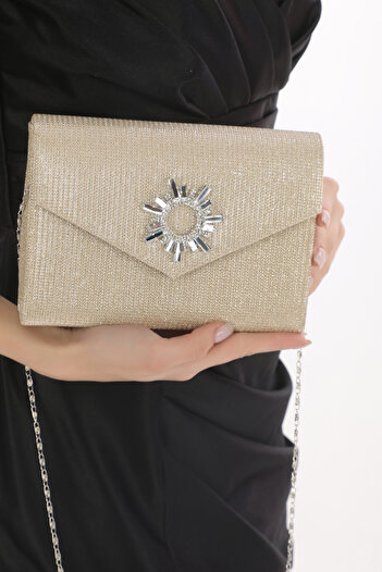 Piedra Gold Colored Evening Dress Bag with Stone Accessory, Magnetic Envelope Cover and Hanger