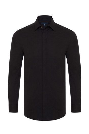 Germirli Black Poplin Classic Collar Tailor Fit Hidden Placket Cotton Elastane Shirt