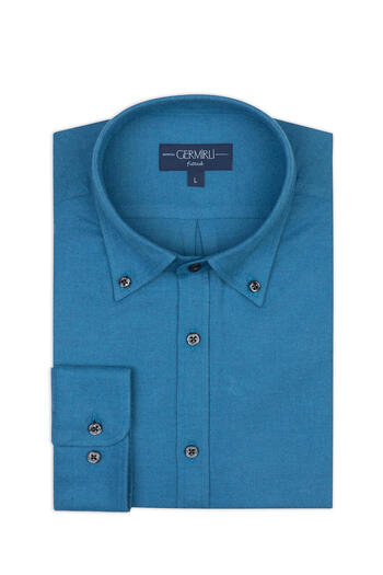 Germirli Dark Blue Plain Tailor Fit Comfortable Fit Button Collar Albini Flannel Shirt