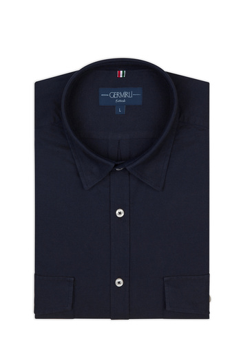 Germirli Navy Blue Hidden Buttoned Collar Flap Pocket Tailor Fit Sports Oxford Men's Shirt
