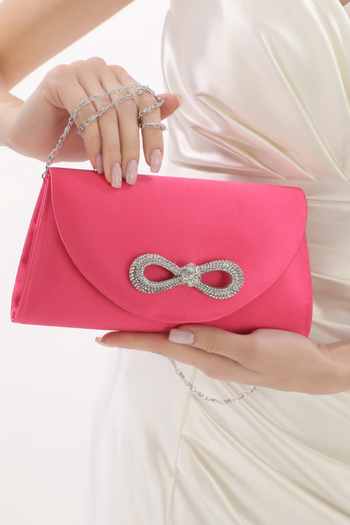 Piedra Fuchsia Colored Satin Fabric Evening Dress Bag with Stone, Magnetic Cover and Can Be Used in Hand and with Shoulder Strap