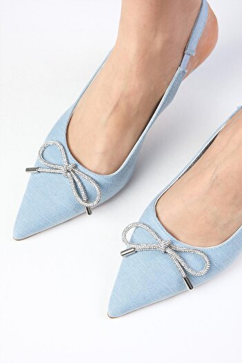 Mio Gusto Alexis Ice Blue Color Denim Fabric Open Back Stone Bow Women's Heeled Shoes