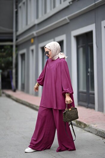 NS Moda Hijab Candy Tunic Trousers Set Purple Model-510