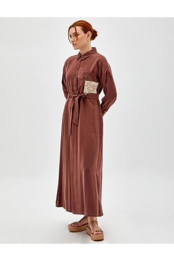 Kayra Embroidered Pocket Detailed Brown Dress
