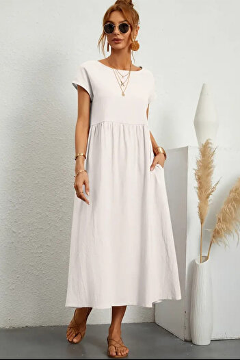 missamour Women's Beige Summer Casual Pocket Short sleeve Maxi Ayrobin dress