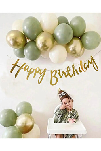 Çemrek Süs Parti 7 Mildew Green 3 Chrome Gold 3 Sand Color Pastel Balloon Gold Happy Birthday Banner Mini Balloon Chain Set