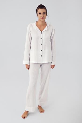 Artış Double Layer Muslin Cotton Adjustable High Waist Button Up Shirt Collar Maternity Pajamas Set