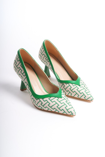 zaınexpress Lottis Green Geometric Patterned Pointed Toe Heeled Shoes