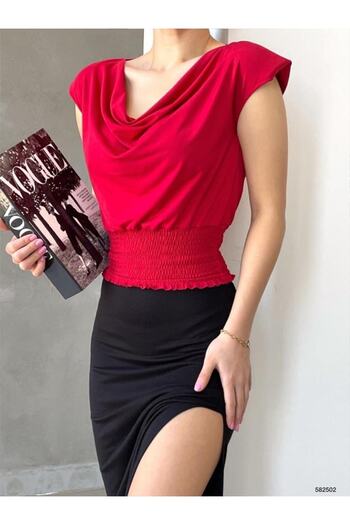rengamoda Draped Collar Padded Sandy Blouse with Bottom Gips