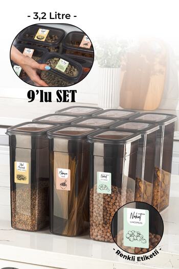Vienev Set of 9 Peggy Rectangular Storage Container with Colorful Labels 3.2 Liter Anthracite