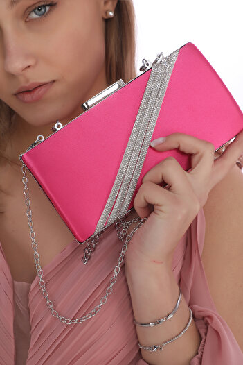 womenacs Fuchsia Color Satin Stone Design Evening Dress Clutch Portfolio Hand Night Wedding Engagement Bag
