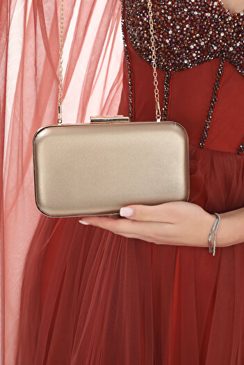 womenacs Bronze Color Fabric Patterned Evening Dress Portfolio Clutch Women Bag Handheld and Long Strap Use