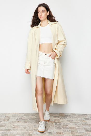 Trendyol Collection Beige Oversize Wide Cut Belted Cotton Trench Coat TWOSS24TR00021