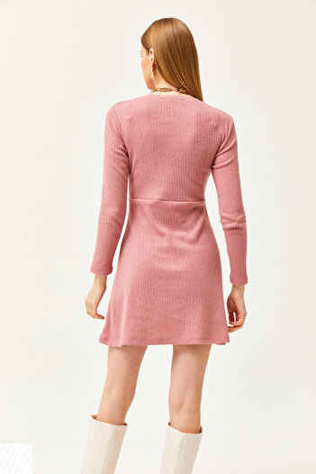 Olalook Γυναικεία φούστα Dusty Rose Crew λαιμόκοψη Φόρεμα με ραβδώσεις ELB-19002029