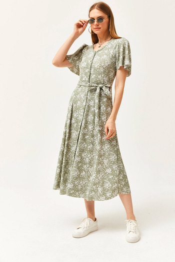 Olalook Women's Daisy Green V-Neck Belted Buttoned Knitted Dress ELB-19002048