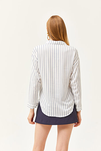 Olalook Women's Striped Navy Blue Single Pocket Woven Viscose Shirt GML-19000890