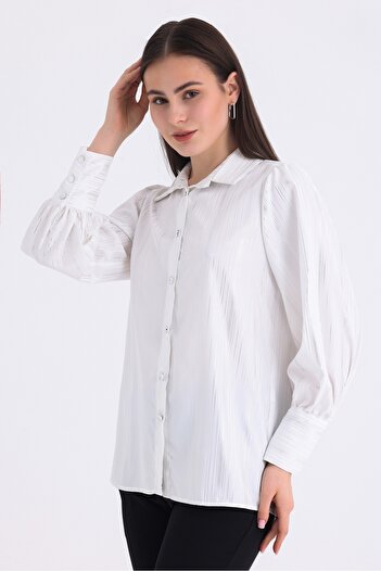 MD trend Women's Silver Leaf Striped Balloon Sleeve Shoulder Gathered Oversize Satin Shirt