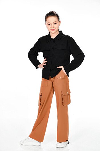RAMON&ARTOS Palazzo Parachute Leg Clip Rubber Adjustable Girl's Trousers with Cargo Pockets