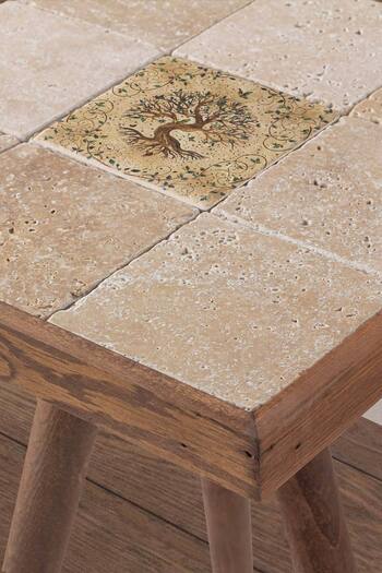 bluecape Traverten Taş Yaşam Ağacı Baskılı 32x32cm Ceviz Dekoratif Sehpa