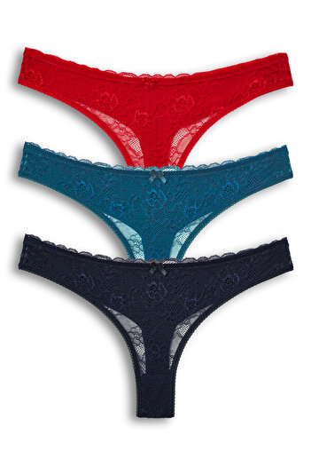 HNX 3-Piece Front Lace Back Double Layer Cotton Thong Women's Panties