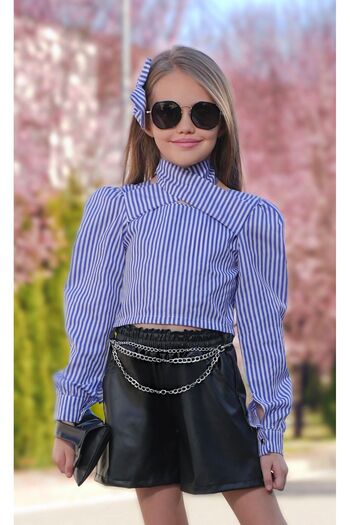 nisaykids Girl's blouse-leather shorts-buckle-bag set
