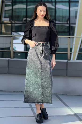 GÜLSELİ Anthracite Tasseled Jean Denim Skirt