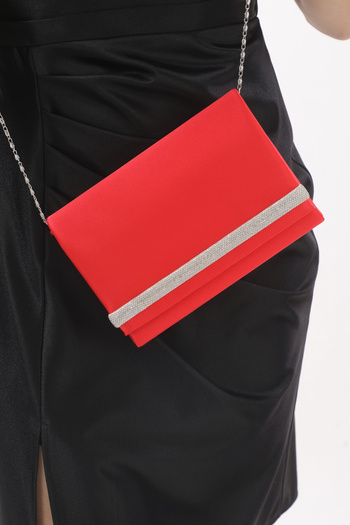 Piedra Red Colored Satin Fabric Evening Dress Bag with Stone, Magnetic Cover and Can Be Used in Hand and with Shoulder Strap