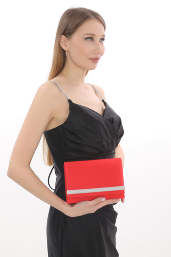 Piedra Red Colored Satin Fabric Evening Dress Bag with Stone, Magnetic Cover and Can Be Used in Hand and with Shoulder Strap