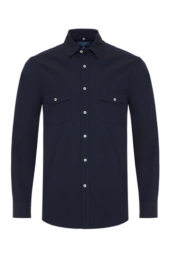 Germirli Navy Blue Hidden Buttoned Collar Flap Pocket Tailor Fit Sports Oxford Men's Shirt