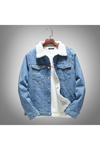 Oliggopol Men's Light Blue Slim Fit Fur Lined Denim Jacket & Coat