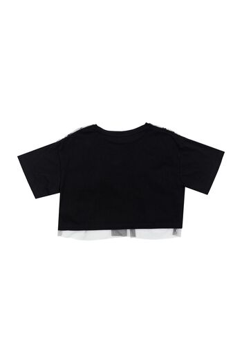 Quzu Tulle Detailed Printed Crop T-Shirt Black