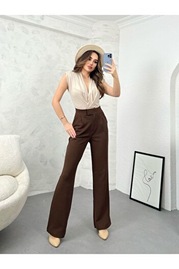 Ozy Fashion Brown Velcro Waist Lycra Crepe Palazzo Women's Trousers
