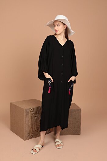 RICHMOST Women's Dress with Ethnic Embroidery Detail V-neck and Long Sleeves Long Length Viscose Fabric Black Summer/Spring
