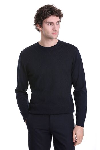 Hatemoğlu Navy Blue Regular Fit Jacquard Crew Neck Wool Knitwear Sweater
