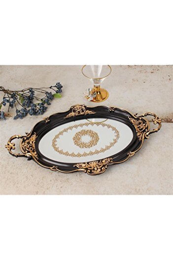 Sembol Elyasa Siyah Altın Varaklı Içi Cam Akrilik Tepsi 52x32cm Tray-201sa