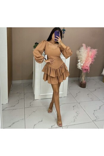 TML Makiwear Kadın Balon Kollu Eteği Volanlı Uzun Kollu Bej Kısa Abiye Elbise