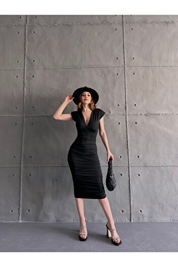 Fav Style Rochie midi, fără mâneci, cu decolteu în V, căptușită, neagră