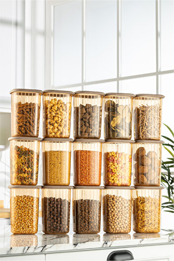 Vienev 15'li 1,2 Litre Poly Kapak Çizgili Desenli Saklama Kabı Gold Beyaz Serigrafi Etiketli